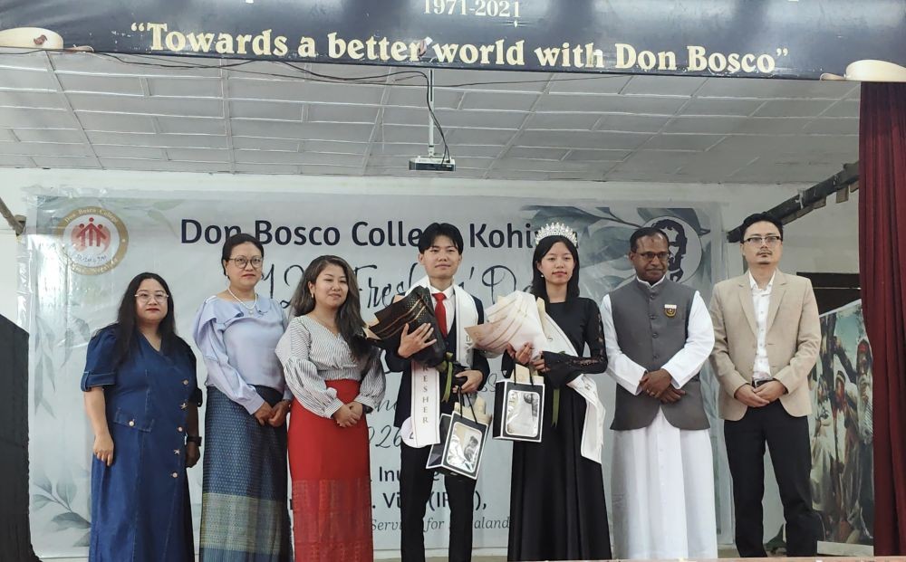 Dignitaries with Mr Fresher 2026 and Ms Fresher 2026 of Don Bosco College Kohima during 12th Freshers’ Day on June 20.